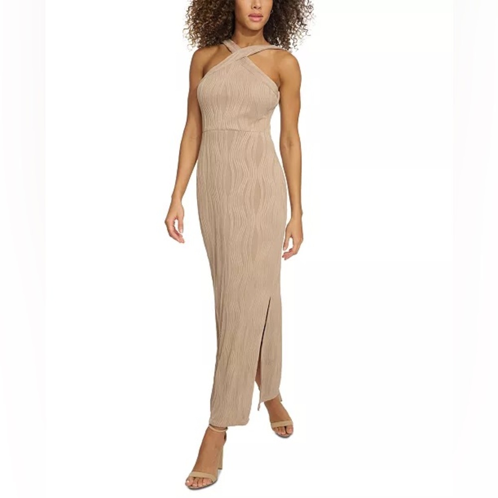 Tan Wavy-Texture Sleeveless Maxi Dress